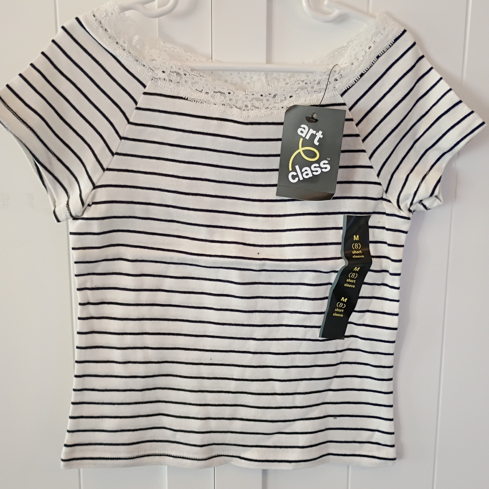 art class White and Black Striped Lace-Trim Short Sleeve Tee